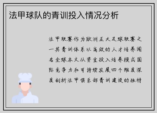 法甲球队的青训投入情况分析