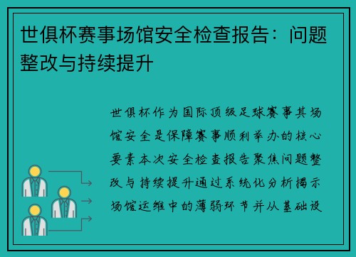 世俱杯赛事场馆安全检查报告：问题整改与持续提升